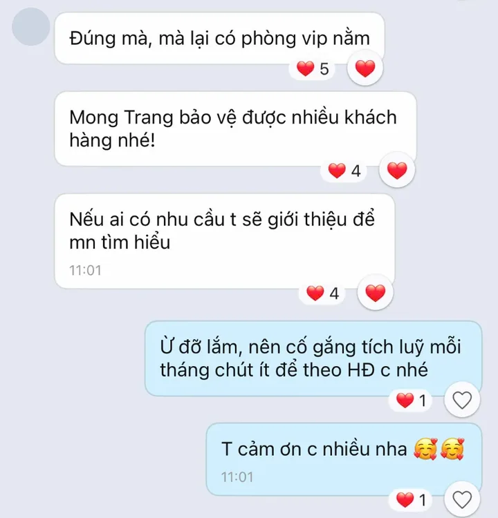 Tin nhắn Zalo của khách hàng: Mong Trang bảo vệ được nhiều khách hàng nhé! Nếu ai có nhu cầu t sẽ giới thiệu để mn tìm hiểu.